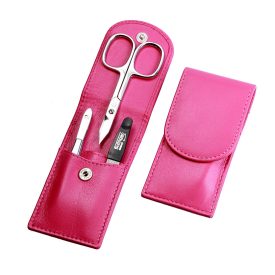   Kis Úti Manikűrkészlet | Rozsdamentes Eszközökkel | Kombiollóval | 3 Részes | Magenta Bőrtok