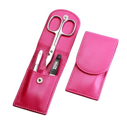 Kis Úti Manikűrkészlet | Rozsdamentes Eszközökkel | Kombiollóval | 3 Részes | Magenta Bőrtok