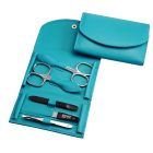 Manikűrkészlet | Pénztárca formájú | Rozsdamentes Eszközökkel | 2 Ollóval | 5 Részes | Türkiz Bőrtok