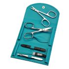 Manikűrkészlet | Pénztárca formájú | Rozsdamentes Eszközökkel | 2 Ollóval | 5 Részes | Türkiz Bőrtok