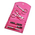 Manikűrkészlet | Pénztárca formájú | Rozsdamentes Eszközökkel | 2 Ollóval | 5 Részes | Magenta Bőrtok